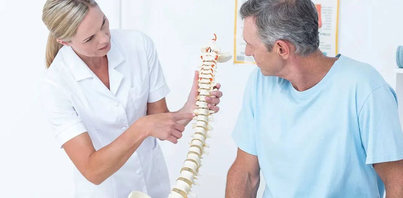 A chiropractor explains the spine to a patient with an anatomical model